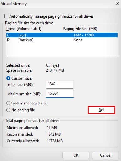 set custom size virtual memory
