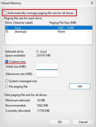set custom virtual memory size