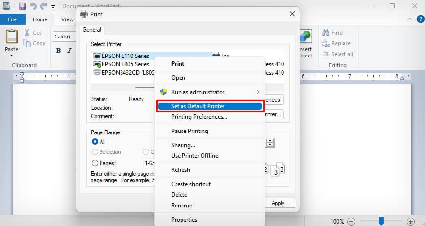 set-default-printer-from-wordpad