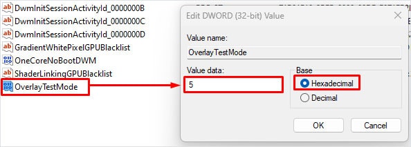 set overlay test mode value
