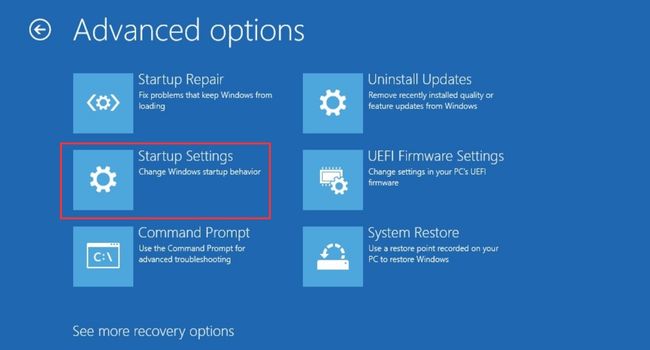 startup settings in advanced options