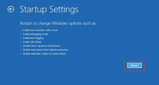 startup settings restart