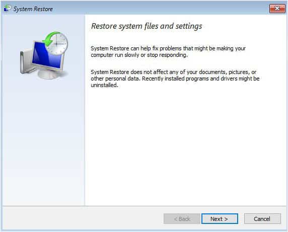 system restore next button
