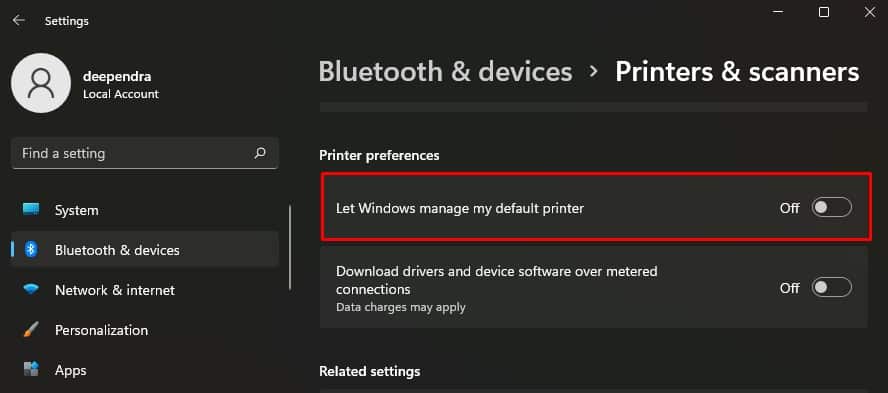 toggle off let windows manage printer