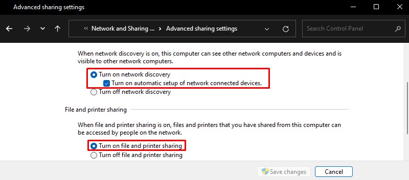 turn on file and print sharing