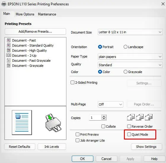 uncheck-quiet-mode-in-printer