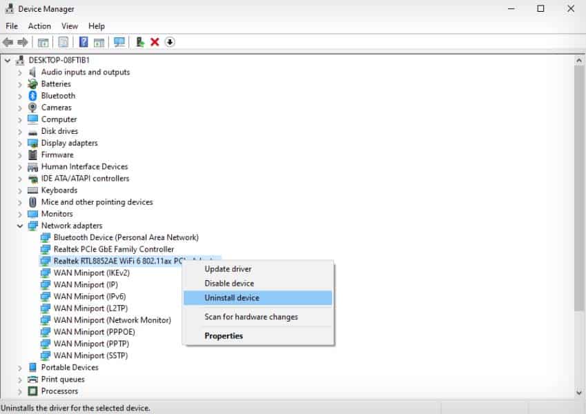 uninstall network driver