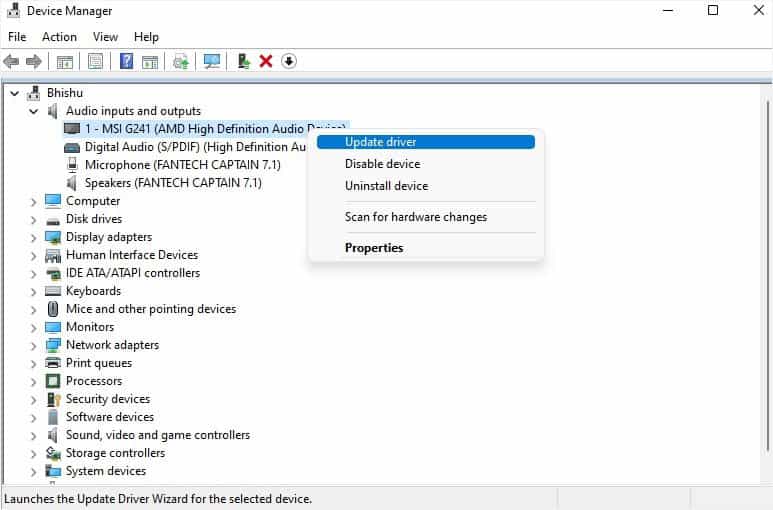 update sound device driver in audio inputs and outputs