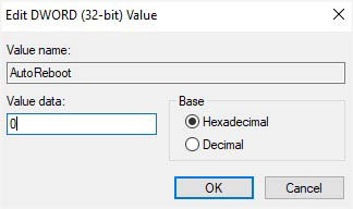 value data to 0 for auto reboot