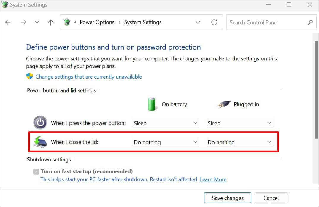 when i close the lid do nothing in laptop
