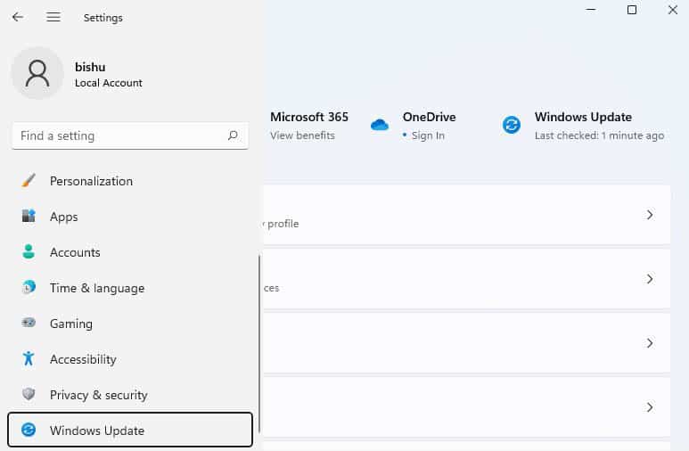 windows update section in settings