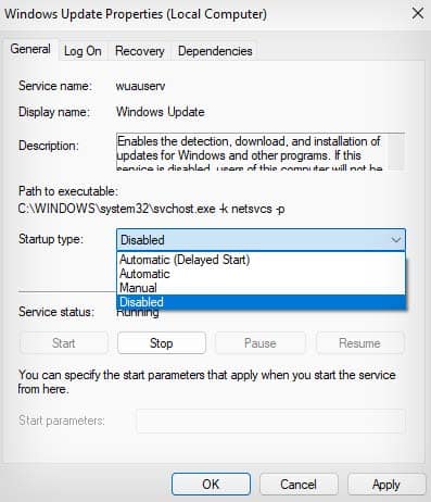 windows update service disabled startup