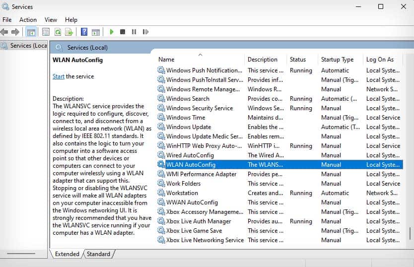 wlan autoconfig in windows services