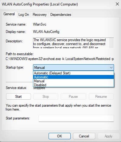 wlan autoconfig startup type automatic