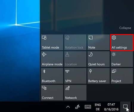 action center all settings