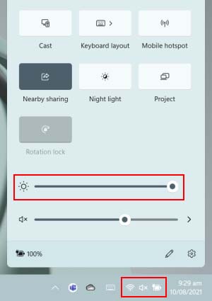 action centre brightness control