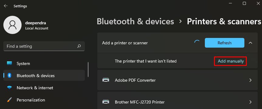 add manually printer