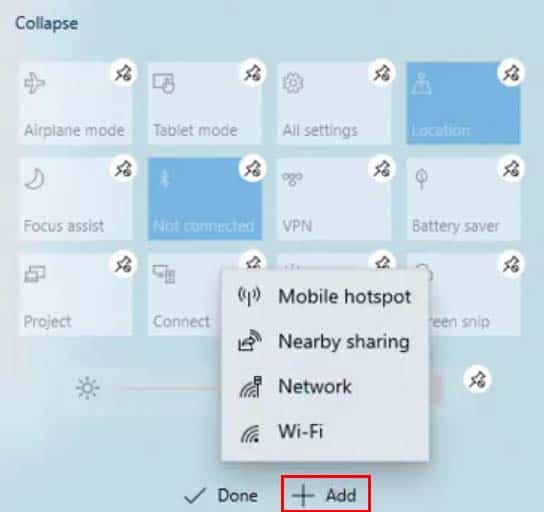 add quick settings in widnows 10 action center