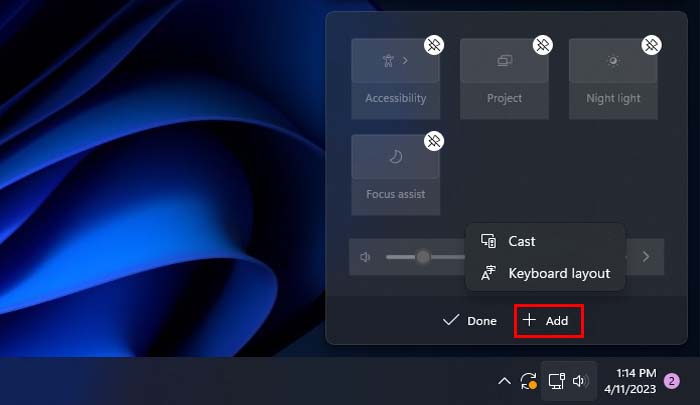 add quick settings in widnows 11 action center