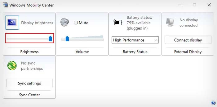 adjust brightness from windows mobility center