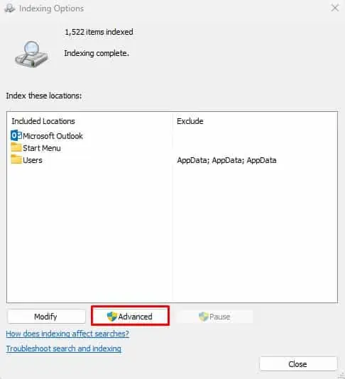 Windows 11 Search Bar Not Working? Here’re 10 Ways to Fix It 17 advanced-indexing-option