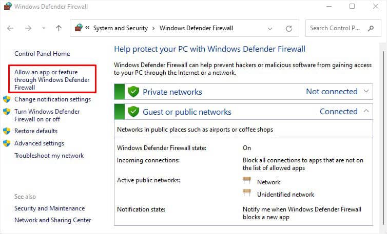 allow an app or feature through Windows Defender Firewall
