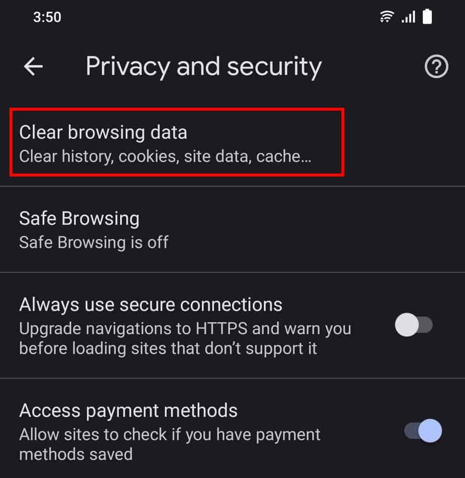 android chrome clear browing data