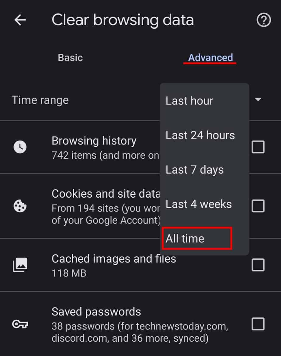 android chrome clear browsing data time range all time