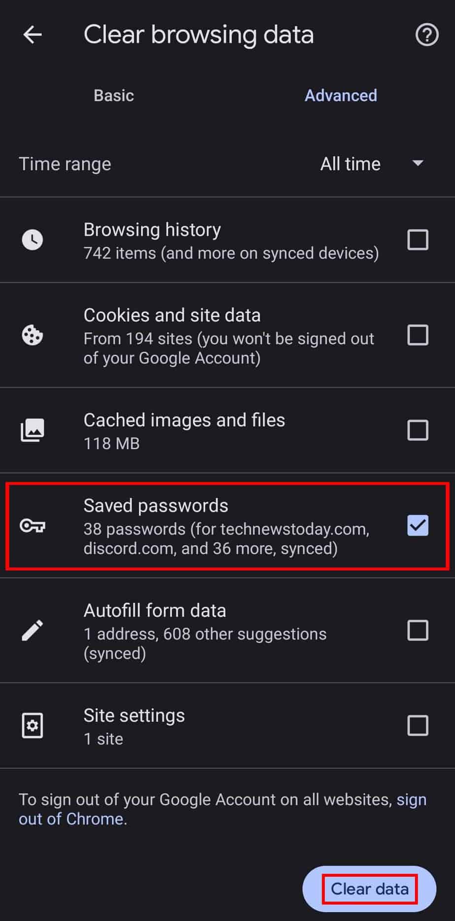android chrome remove all saved passwords