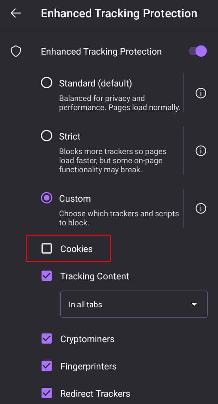 android firefox allow all cookies
