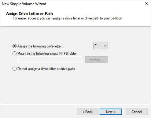 assign drive letter in new simple volume wizard