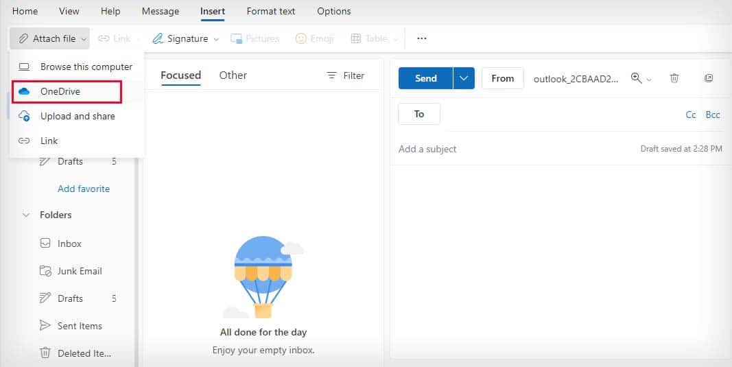 attach file from onedrive in outlook