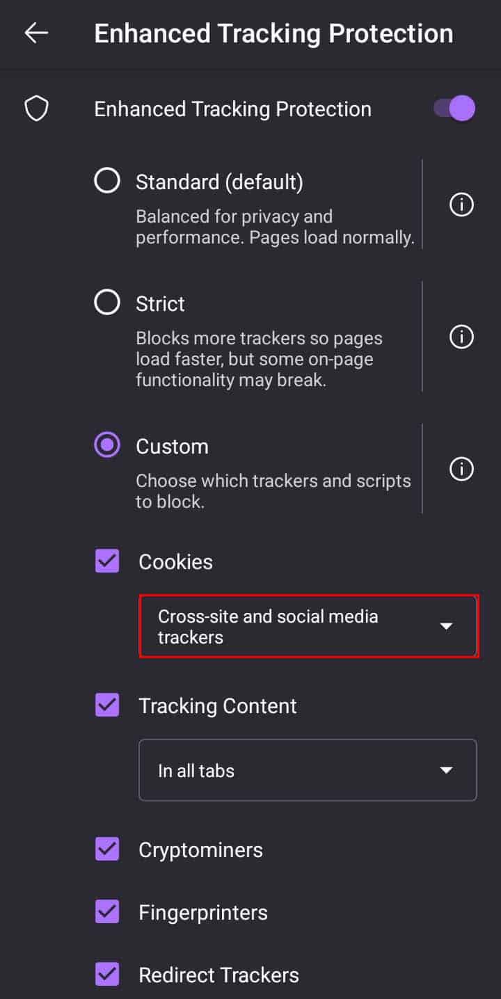 block cross site and social media trackers firefox android