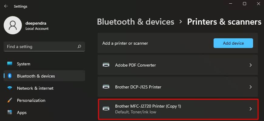 brother printer on settings