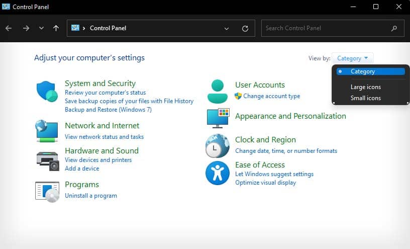 category view in control panel