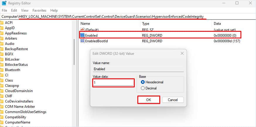 change registry value memory integrity is off