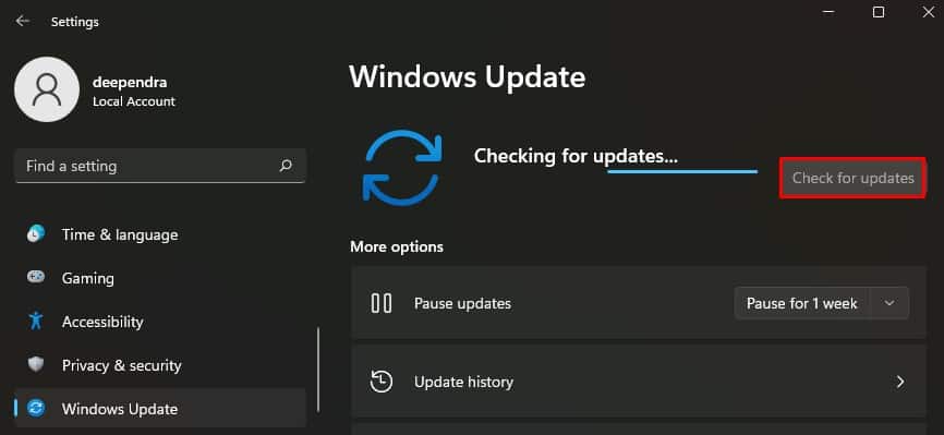 check for updates in settings
