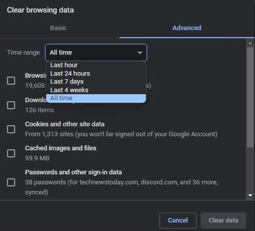 chrome clear browsing data time range all time