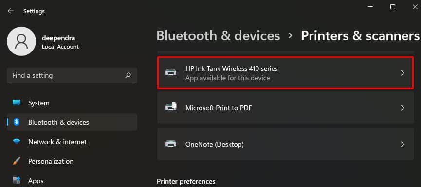 click hp printer in settings