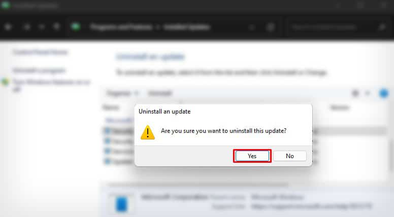 click-yes-to-uninstall-update