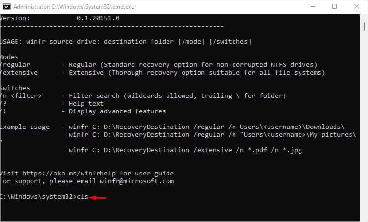 cls to clear windows file recovery cli