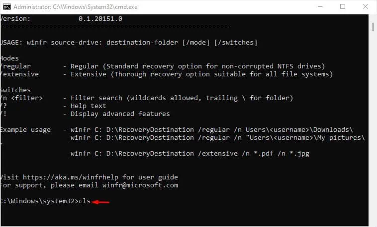 cls-to-clear-windows-file-recovery-cli