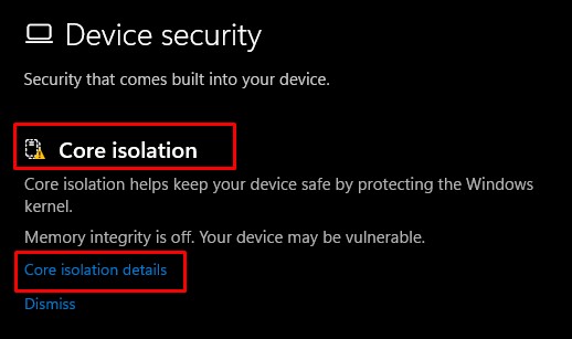 core isolation detail memory integrity is off