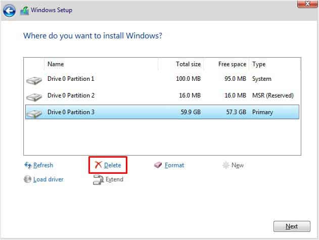 delete all partitions