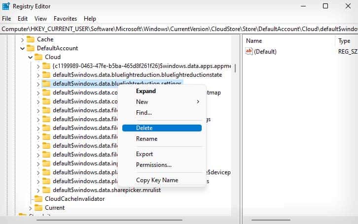 delete bluelightreductionsettings entry
