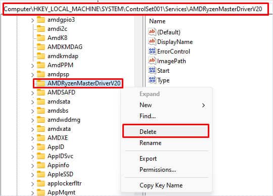 delete ryzen master registry entry