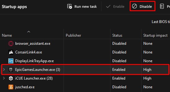 disable startup application from task manager