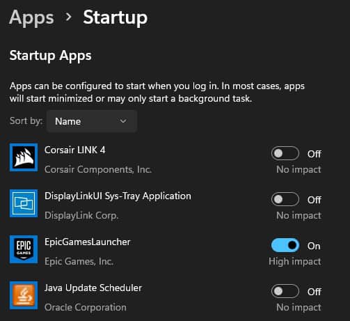 disable startup application from windows settings