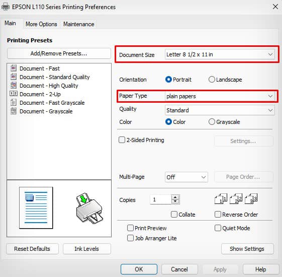 document-size-and-paper-type-in-epson-printer