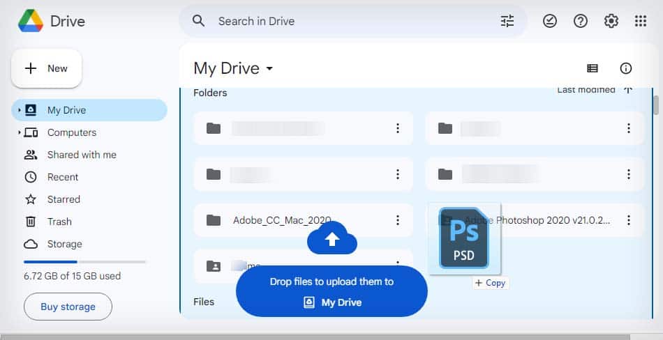 drop files to upload them to drive